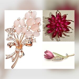 Set of 3 Pink Floral Rhinestone Brooches Statement Flower Tulip Bundle